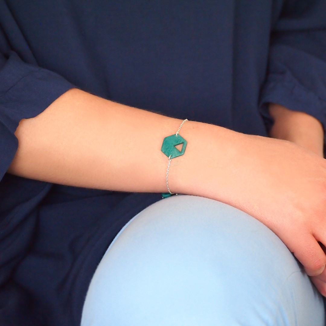 Bracelet en ivoire végétal Rubi Hex fait main | Turquoise- Argent 925