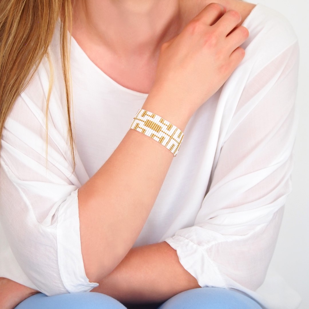 Bracelet perles Bramita Gold Labyrinthe fait main | Blanc - Doré