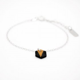 Bracelet fin en calebasse séchée et chaine plaqué or 24k | Hexagone Noir - Moutarde